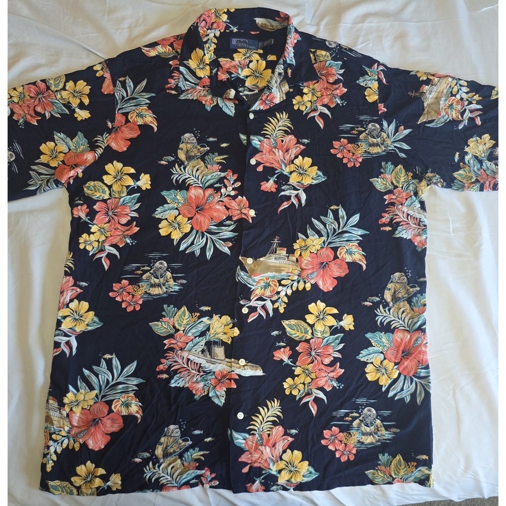 Polo Ralph Lauren Hawaiian Shirt Black Tropical Floral Camp Men's Size 2XLT NWOT